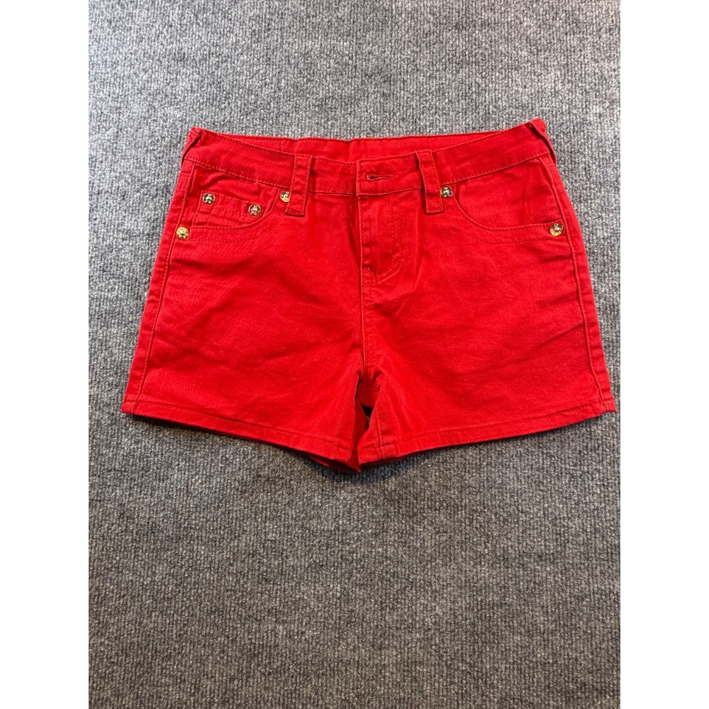 True Religion Girls Red Denim Shorts Size 14 Horseshoe Pockets Cut-Off